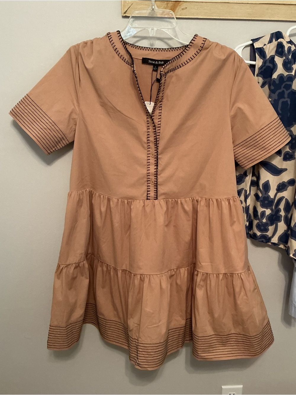 Strut & Bolt Small Mocha Whimsy Short-Sleeve Tiered Mini Dress NWT